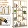 A tall, gold-colored bookshelf with white shelves, displaying various decorative items and books. The image also includes inset diagrams highlighting product features. Podgląd zdjęcia produktu