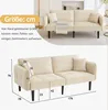 A collage showing a beige sofa in a room and a detailed view with dimensions. Voir les images du produit