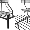 A collage of four close-up images of a black metal bunk bed frame, showing details of the ladder, bed slats, and support legs. Produktbild-Vorschau