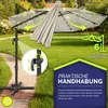 An outdoor patio umbrella is shown in a garden setting, with close-ups highlighting its features. Náhľad obrázku produktu