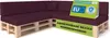 A sectional sofa made of wooden pallets with purple cushions, displayed on a white background with marketing labels. Produktbild-Vorschau
