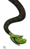 A cartoon illustration of a green snake with red stripes, coiled and looking down. Produktbild-Vorschau