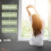 A woman stretching in front of a window with text overlays listing product features. Produktbild-Vorschau
