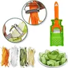 A collage of images showing a vegetable peeler and slicer in use and its results. Voir les images du produit