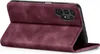 A burgundy flip case for a smartphone is shown from a side angle, with the front cover folded open. Produktbild-Vorschau