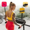 A woman is using a treadmill indoors, with inset images showing product features. Produktbild-Vorschau