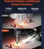 A split image showing a laser engraving process before and after the smoke extraction system is activated. Podgląd zdjęcia produktu