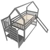 A gray wooden bunk bed with a house-shaped frame, a slide, and stairs, shown from a high angle against a white background. Produktbild-Vorschau