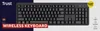 A black wireless keyboard is displayed on a white and dark blue background, with marketing text and icons. Náhled obrázku produktu