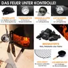 Collage of images showing different parts and features of a barbecue grill, along with fuel and accessories. Produktbild-Vorschau