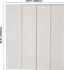 A set of four light gray fabric panel blinds are shown hanging vertically. Dimensions are indicated by measurement lines and text. Produktbild-Vorschau