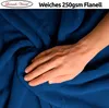 A hand is resting on a dark blue fleece blanket, showing its texture. Produktbild-Vorschau