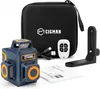 A laser level kit is displayed on a white background, including the laser device, a carrying case, a remote control, a charging cable, a mounting bracket, and a user manual. Anteprima dell’immagine prodotto