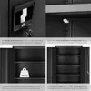 A collage of four images showing different features of a black metal cabinet. Produktbild-Vorschau