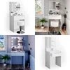 Collage of four images showing a white vanity table with LED lights and a stool, presented in different settings and angles. Produktbild-Vorschau