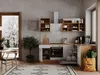 A modern kitchen with wooden accents and a view of a snowy landscape through a doorway. Produktbild-Vorschau