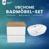 A marketing image showcasing a white bathroom vanity with a wooden top and a white sink, set against a blue and teal gradient background with text overlays. Voir les images du produit
