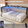 A corner bed with LED lighting and storage shelves, shown in a bedroom setting with decorative elements and a rug. Produktbild-Vorschau