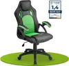 A black and green gaming chair is shown on a green circular mat, with a product rating badge in the top right corner. Produktbild-Vorschau