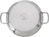 The bottom of a stainless steel pan with handles is shown, featuring a circular logo and text in the center. Produktbild-Vorschau