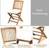 A collage of images showing a wooden folding chair with a white cushion, highlighting its features. Produktbild-Vorschau