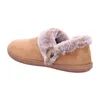 A single brown slipper with faux fur trim and a button detail, shown from the side on a white background. Produktbild-Vorschau