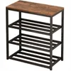 A shoe rack with a wooden top and black metal frame. Podgląd zdjęcia produktu
