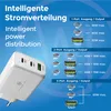 A white power adapter with multiple ports is shown, with text and diagrams explaining its intelligent power distribution capabilities. Produktbild-Vorschau