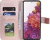 A rose gold flip case for a Samsung Galaxy S20 FE is shown open, displaying card slots and a picture window on the left, and the phone screen on the right. Produktbild-Vorschau