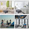 Collage of images showing a gray ottoman in different settings: living room, bedroom, beach, and modern office space. Produktbild-Vorschau