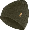 A close-up studio shot of a dark olive green knitted beanie. Produktbild-Vorschau