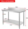 A stainless steel work table with dimensions indicated. Voir les images du produit