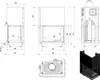 Technical drawings and a 3D render of a fireplace insert. Produktbild-Vorschau