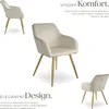 Collage of a beige armchair with gold legs, presented from different angles, with marketing text. Náhled obrázku produktu