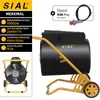 A product image with a side view of a black and yellow electric heater, accompanied by a panel detailing its specifications and a separate image of a plug. Anteprima dell’immagine prodotto