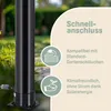 A black solar shower column in a garden setting, with informational text overlays. Produktbild-Vorschau