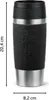 A black and silver insulated travel mug with text on it, shown with dimensions. Anteprima dell’immagine prodotto