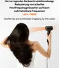 A woman is using a hairdryer on her long, dark hair. The hairdryer is black and emits orange heat waves. Text describes the product's noise reduction features. Voir les images du produit