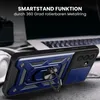 A close-up of a blue and black phone case with a ring stand, placed on a desk with a laptop and headphones in the background. Produktbild-Vorschau