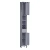 A tall, narrow gray storage cabinet with multiple shelves and a drawer, shown with two doors open. Produktbild-Vorschau