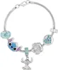 A silver charm bracelet with various charms, including Stitch characters, a flower, and a heart. Podgląd zdjęcia produktu