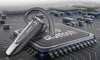 A wireless Bluetooth headset is placed on a computer chip. Produktbild-Vorschau