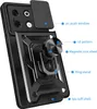 A black phone case with a ring stand and camera cover is shown with labels pointing out its features. Produktbild-Vorschau