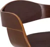 A close-up view of the curved wooden armrest and upholstered seat of a chair. Náhled obrázku produktu