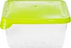 A clear, front-facing studio shot of a clear plastic food storage container with a bright green lid. Náhled obrázku produktu