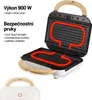 A white sandwich maker with wooden handles is shown open, revealing glowing red heating elements. Text in Czech describes its features. Náhled obrázku produktu