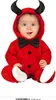 A baby wearing a red devil costume with black horns and a black bowtie, sitting and looking at the camera. Voir les images du produit