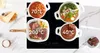 An induction cooktop with four pots and pans, each displaying a different temperature and food item. Produktbild-Vorschau