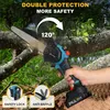 A hand holding a cordless chainsaw cutting a tree branch, with marketing text and feature callouts. Náhled obrázku produktu