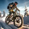 A person riding an e-bike through a snowy landscape with snow-covered trees. Produktbild-Vorschau